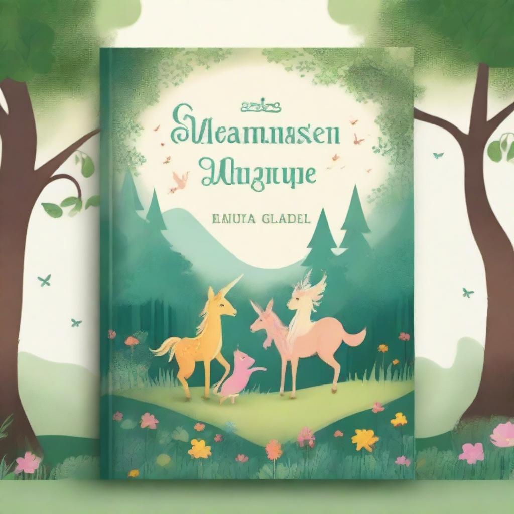 Create a whimsical and enchanting story book cover featuring a magical forest with fairy-tale creatures like fairies, unicorns, and talking animals