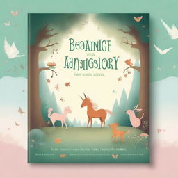 Create a whimsical and enchanting story book cover featuring a magical forest with fairy-tale creatures like fairies, unicorns, and talking animals