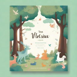 Create a whimsical and enchanting story book cover featuring a magical forest with fairy-tale creatures like fairies, unicorns, and talking animals