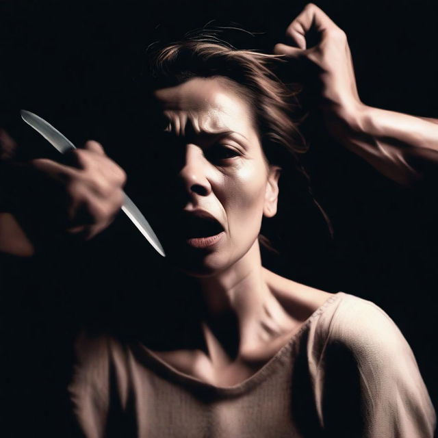 A tense and dramatic scene where a woman's neck is being stabbed with a knife