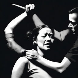 A tense and dramatic scene where a woman's neck is being stabbed with a knife