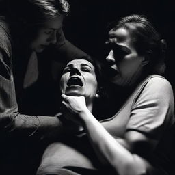 A tense and dramatic scene where a woman's neck is being stabbed with a knife