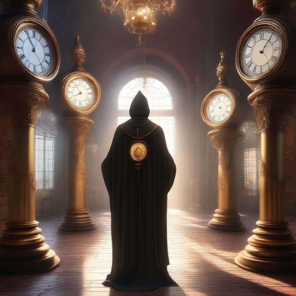 A mystical time keeper standing in a grand hall filled with ancient clocks and hourglasses