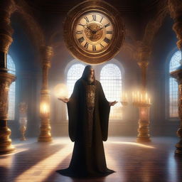 A mystical time keeper standing in a grand hall filled with ancient clocks and hourglasses