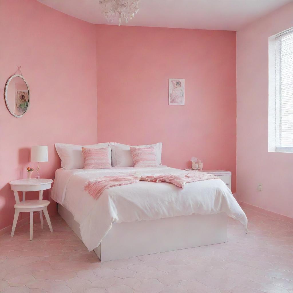 Multiple-angle view of a pristinely tidy, white bed with matching cushions in a girl's room, in a Latin American setting with pink walls and a white tiled floor, where the main focus remains the organized white bed.