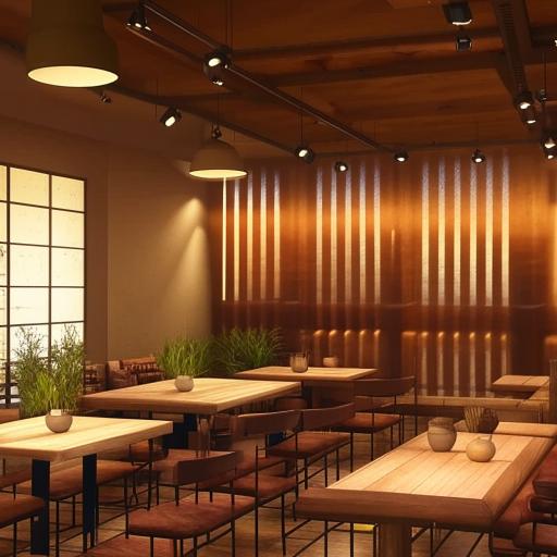 Imaginary reinvention of a chic and welcoming café interior with modern furnishings, ambient lighting, and cozy seating arrangements.