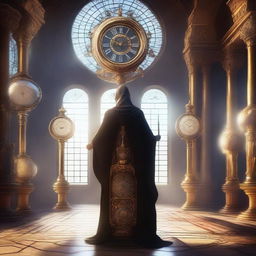 A mystical time keeper standing in a grand hall filled with ancient clocks and hourglasses