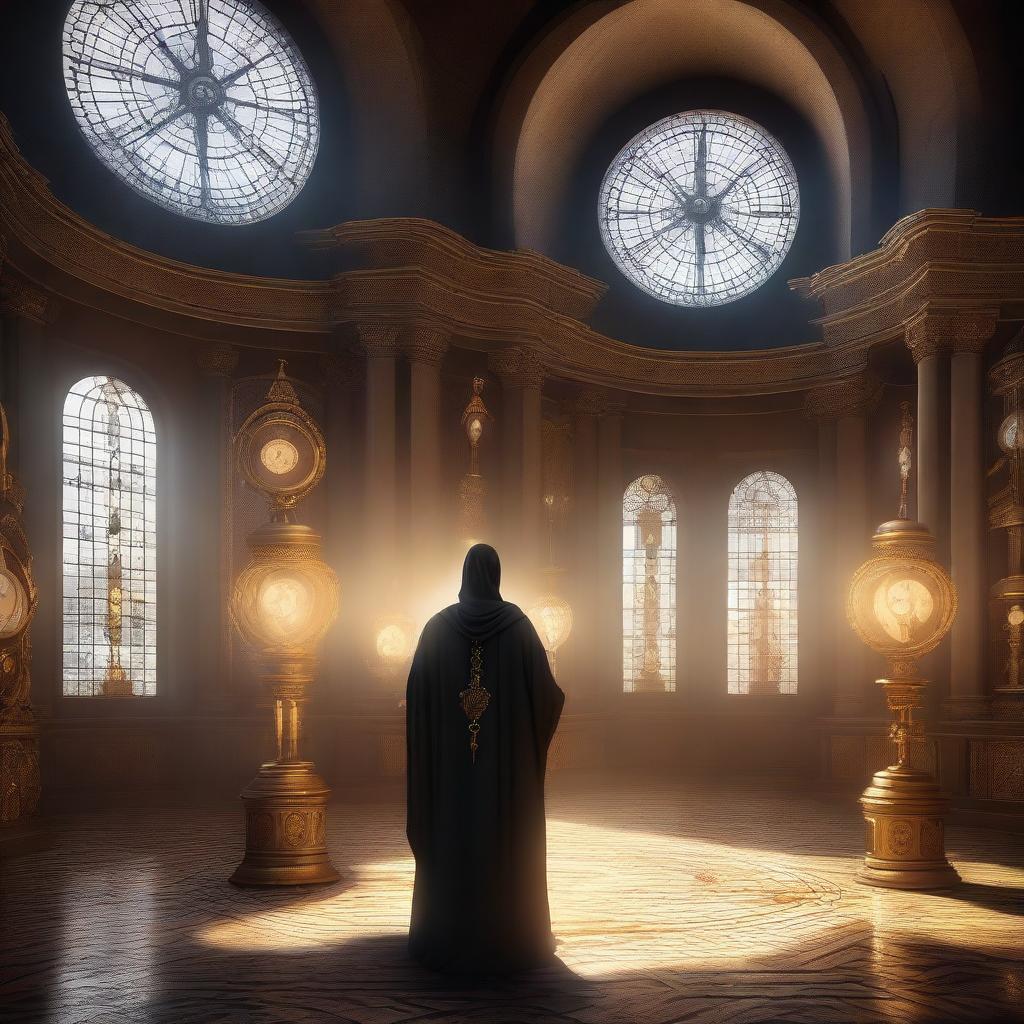 A mystical time keeper standing in a grand hall filled with ancient clocks and hourglasses