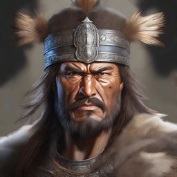 A detailed and realistic portrait of Atilla the Hun, depicted in traditional warrior attire with a fierce expression