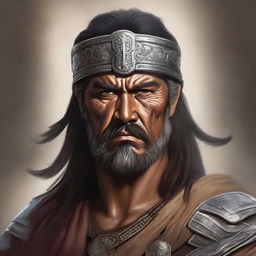 A detailed and realistic portrait of Atilla the Hun, depicted in traditional warrior attire with a fierce expression