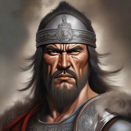 A detailed and realistic portrait of Atilla the Hun, depicted in traditional warrior attire with a fierce expression