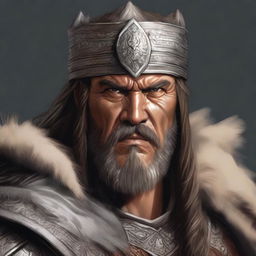 A detailed and realistic portrait of Atilla the Hun, depicted in traditional warrior attire with a fierce expression