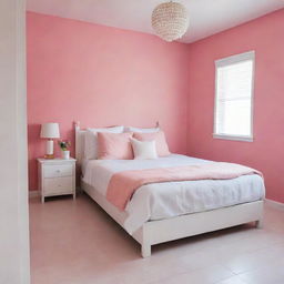 Multiple-angle view of a pristinely tidy, white bed with matching cushions in a girl's room, in a Latin American setting with pink walls and a white tiled floor, where the main focus remains the organized white bed.