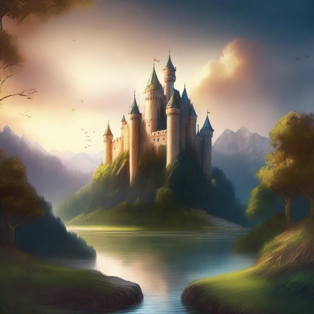 Create a captivating book cover featuring an epic fantasy scene with a majestic castle on a hill, surrounded by lush forests and a serene river