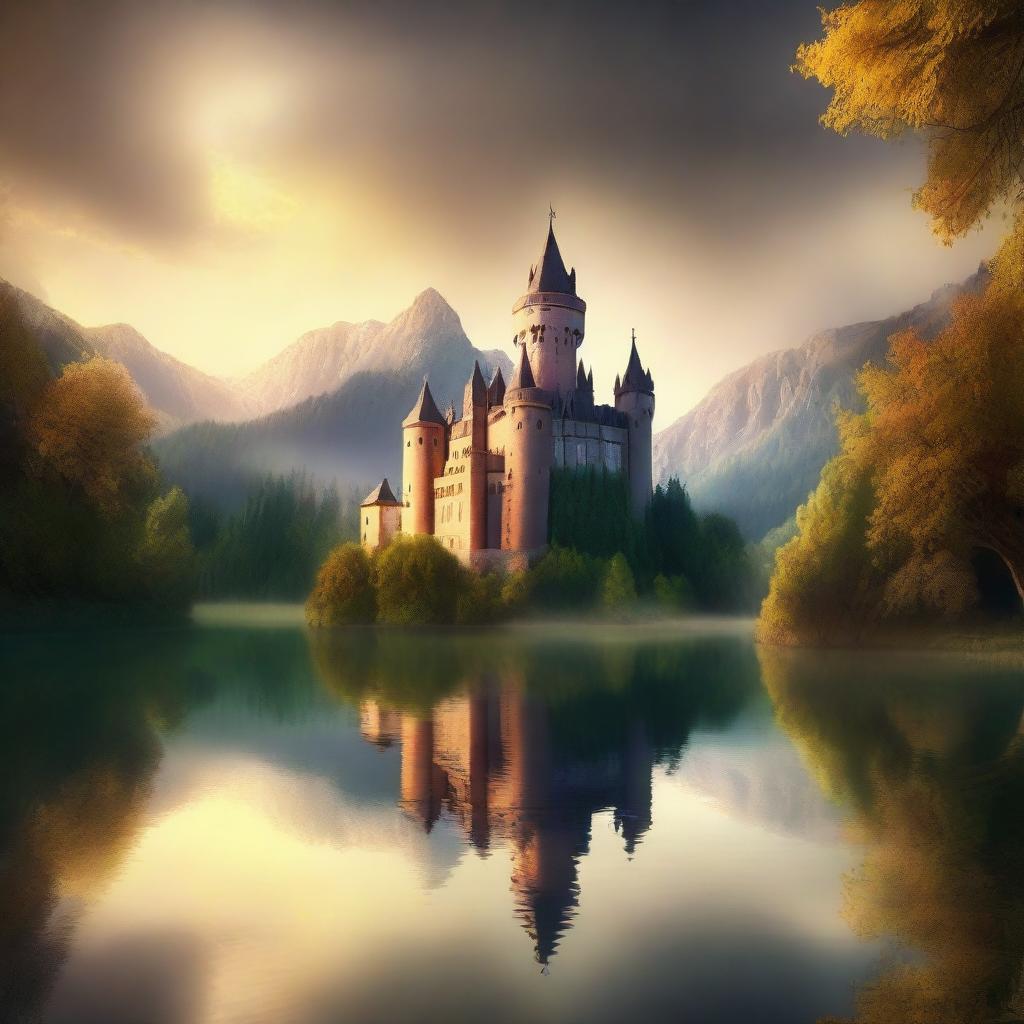 Create a captivating book cover featuring an epic fantasy scene with a majestic castle on a hill, surrounded by lush forests and a serene river