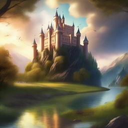 Create a captivating book cover featuring an epic fantasy scene with a majestic castle on a hill, surrounded by lush forests and a serene river