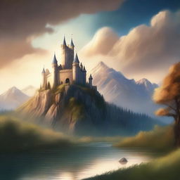 Create a captivating book cover featuring an epic fantasy scene with a majestic castle on a hill, surrounded by lush forests and a serene river