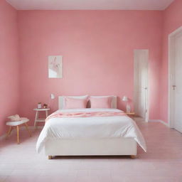 Multiple-angle view of a pristinely tidy, white bed with matching cushions in a girl's room, in a Latin American setting with pink walls and a white tiled floor, where the main focus remains the organized white bed.