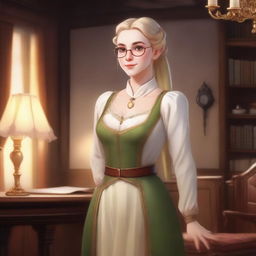 A middle-aged female elf with white skin and golden hair tied in a ponytail