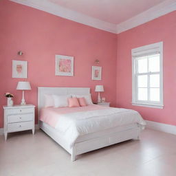 Multiple-angle view of a pristinely tidy, white bed with matching cushions in a girl's room, in a Latin American setting with pink walls and a white tiled floor, where the main focus remains the organized white bed.