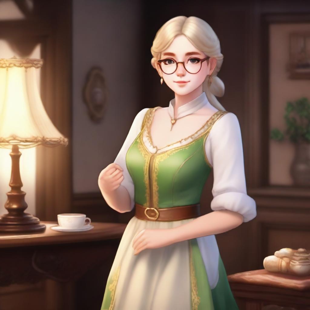 A middle-aged female elf with white skin and golden hair tied in a ponytail