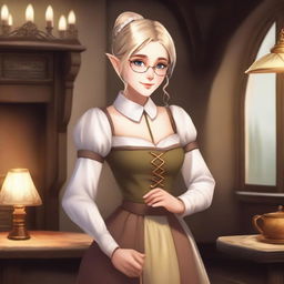 A middle-aged medieval female elf with white skin and golden hair tied in a ponytail