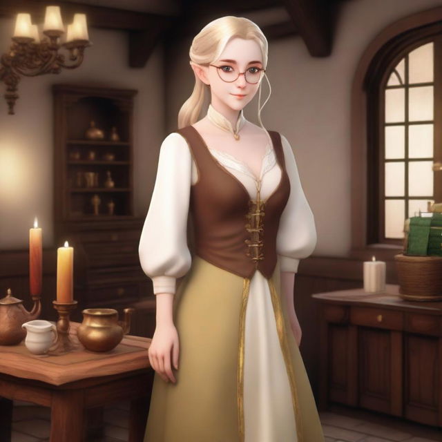 A middle-aged medieval female elf with white skin and golden hair tied in a ponytail