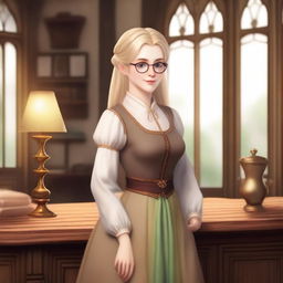 A middle-aged medieval female elf with white skin and golden hair tied in a ponytail