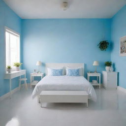 Scenes viewed from several angles featuring a neatly arranged white bed with matching cushions in a girl's room, in a Latin American setting. The room boasts a sky blue wall and a white tiled floor, with the immaculate, organized white bed being the main focus.