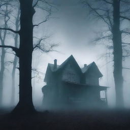 A dark and eerie cover for a horror book, featuring a haunted house surrounded by a dense, foggy forest