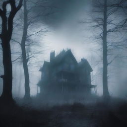 A dark and eerie cover for a horror book, featuring a haunted house surrounded by a dense, foggy forest