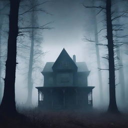 A dark and eerie cover for a horror book, featuring a haunted house surrounded by a dense, foggy forest