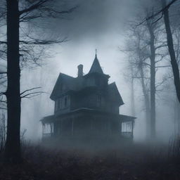 A dark and eerie cover for a horror book, featuring a haunted house surrounded by a dense, foggy forest