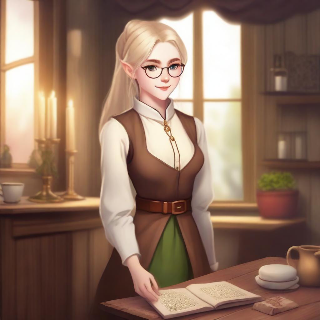 An old medieval female elf with white skin and golden hair tied in a ponytail