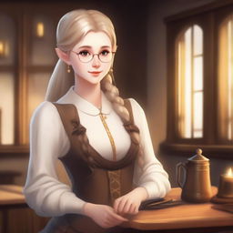 An old medieval female elf with white skin and golden hair tied in a ponytail