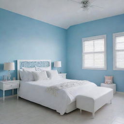 Scenes viewed from several angles featuring a neatly arranged white bed with matching cushions in a girl's room, in a Latin American setting. The room boasts a sky blue wall and a white tiled floor, with the immaculate, organized white bed being the main focus.