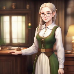 An old medieval female elf with white skin and golden hair tied in a ponytail