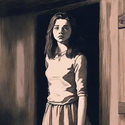 A vintage pastel-like drawing of a pretty teenage girl who is frightened by something in the distance