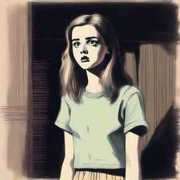 A vintage pastel-like drawing of a pretty teenage girl who is frightened by something in the distance