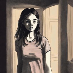 A vintage pastel-like drawing of a pretty teenage girl who is frightened by something in the distance
