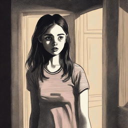 A vintage pastel-like drawing of a pretty teenage girl who is frightened by something in the distance