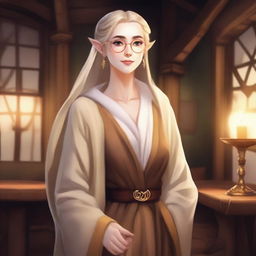 An old medieval female elf with white skin and golden hair tied in a ponytail