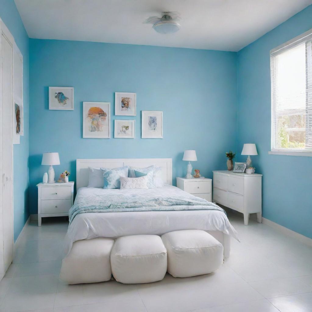 Scenes viewed from several angles featuring a neatly arranged white bed with matching cushions in a girl's room, in a Latin American setting. The room boasts a sky blue wall and a white tiled floor, with the immaculate, organized white bed being the main focus.