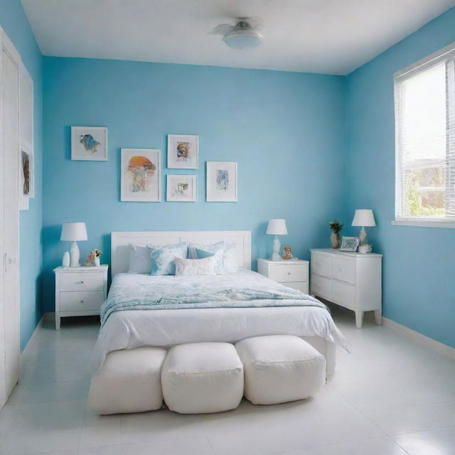 Scenes viewed from several angles featuring a neatly arranged white bed with matching cushions in a girl's room, in a Latin American setting. The room boasts a sky blue wall and a white tiled floor, with the immaculate, organized white bed being the main focus.