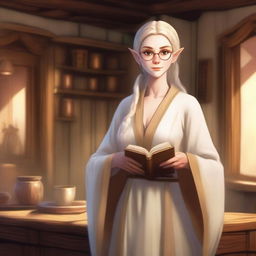 An old medieval female elf with white skin and golden hair tied in a ponytail