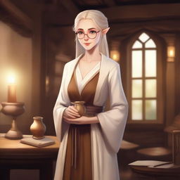 An old medieval female elf with white skin and golden hair tied in a ponytail