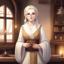 An old medieval female elf with white skin and golden hair tied in a ponytail