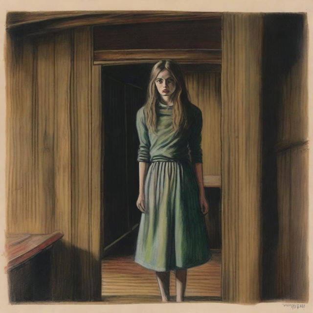 A vintage oil-pastel drawing of a pretty teenage girl who appears frightened by something in the distance