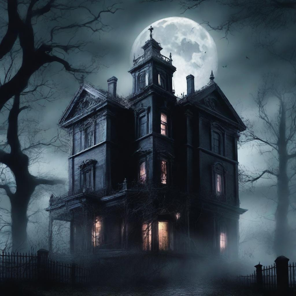 A chilling horror book cover featuring a dark, haunted mansion on a stormy night