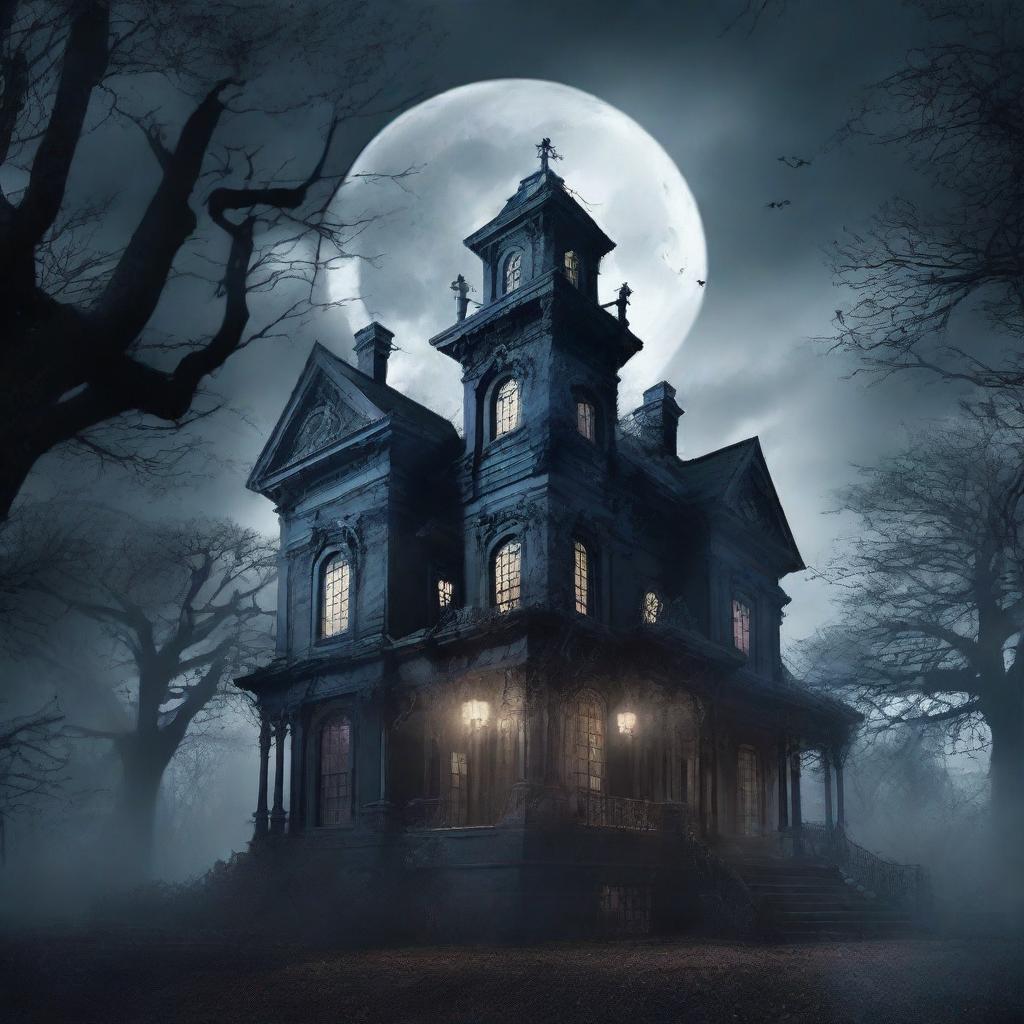 A chilling horror book cover featuring a dark, haunted mansion on a stormy night